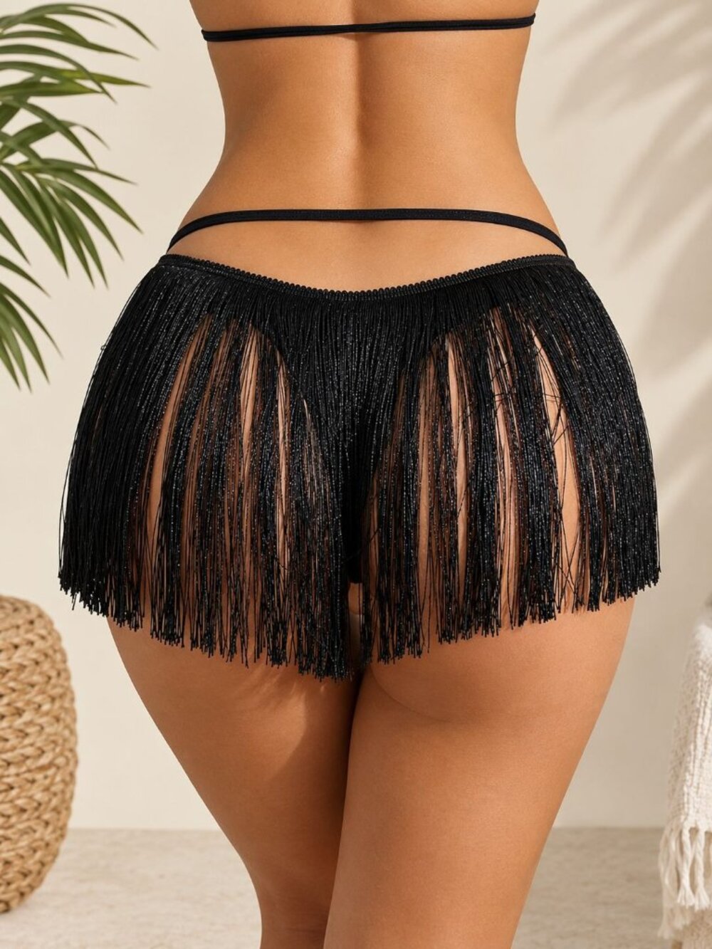 Black Fringe Bikini Bottom Size XS Cutout Cheeky Swimwear Festival Dance Sexy - Picture 6 of 12